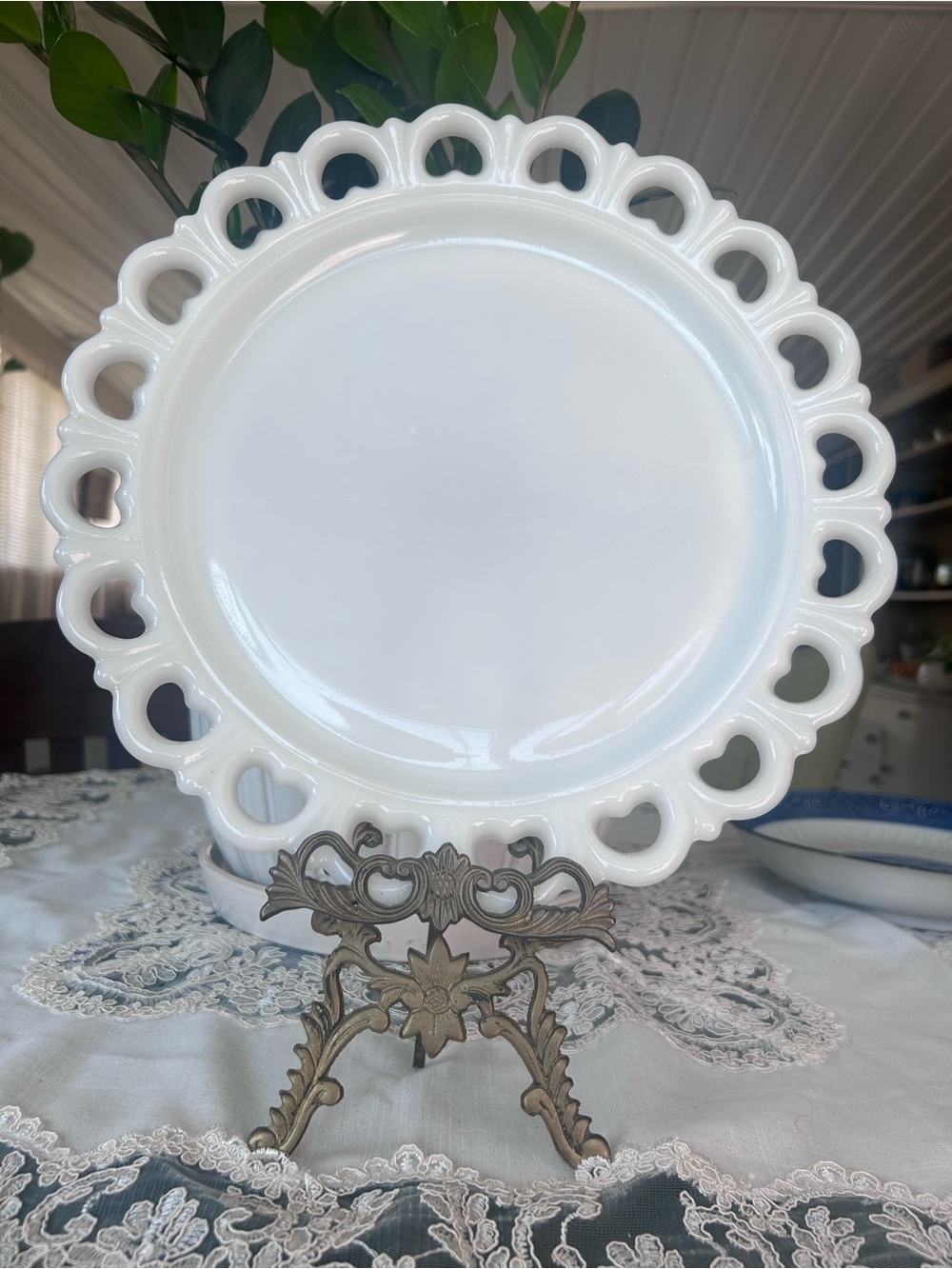 White Scalloped Edge Milk Glass Display Plate